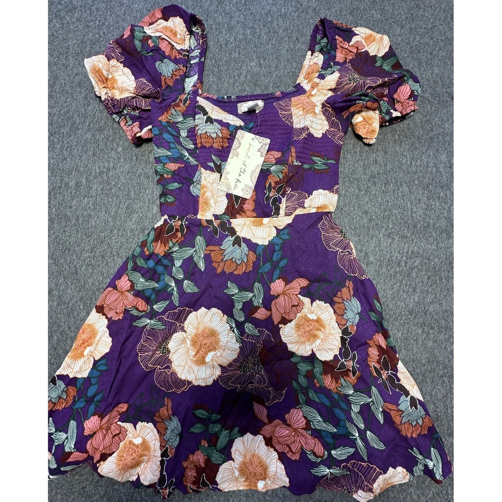 Band Of The Free Dress Womens Extra Small‎ Purple Ivory Floral Puff Sleeve Boho